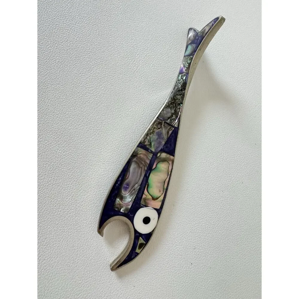 Vintage Abalone Fish Bottle Opener Alpaca Silver Frame Mid Century Modern MCM